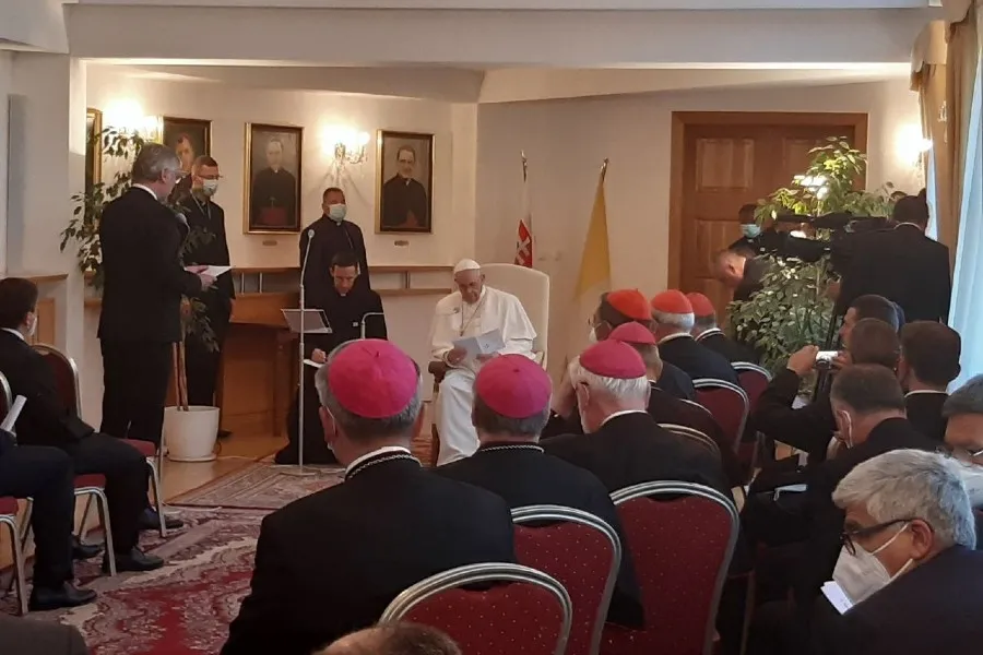 Pope Francis addresses an ecumenical meeting at the apostolic nunciature in Bratislava, Slovakia, Sept. 12, 2021.?w=200&h=150